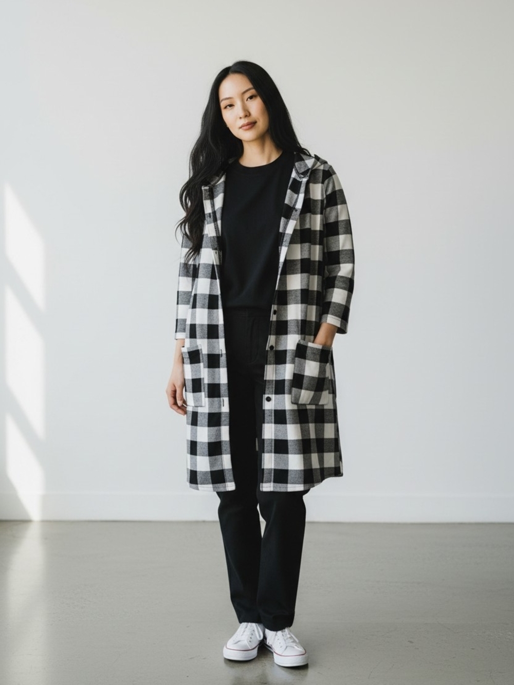 🌸 Black & White Buffalo Check Hooded Button Front Jacket Medium